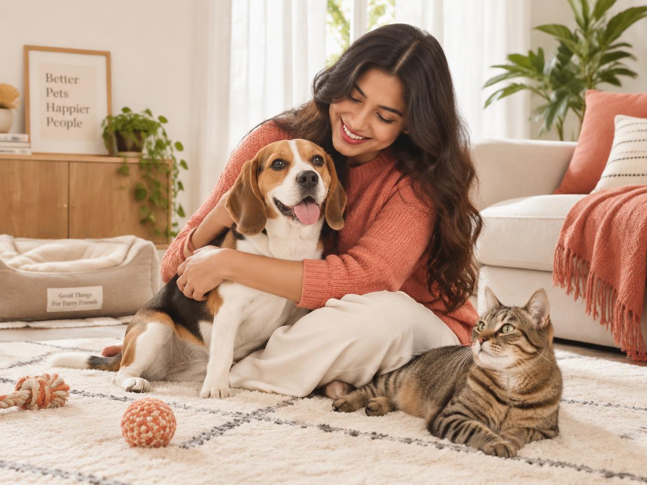 Pet parent with a beagle and a cat at home